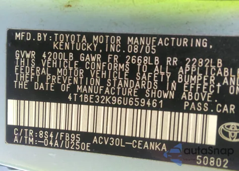 2006 Toyota Camry Le z USA, uszkodzony, nr VIN 4T1BE32K96U659461
